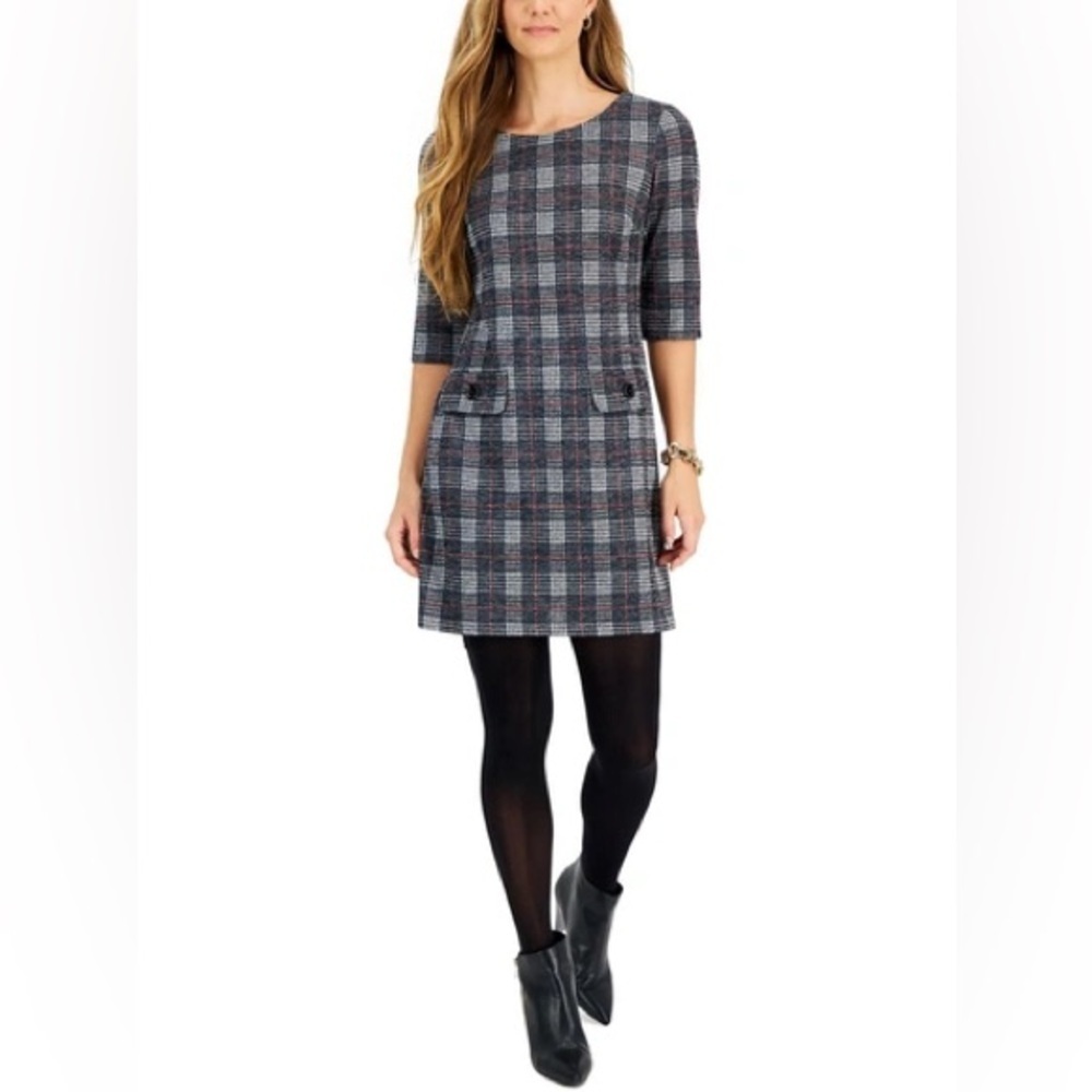 Connected Apparel Plaid Sheath Dress Size 12 Green Grey 3/4 Sleeve TZW97670M‎